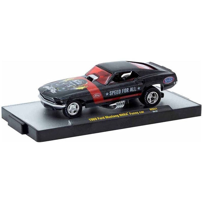 1969 Ford Mustang NHRA Funny Car Black Metallic with Red Stripes and Graphics Limited Edition to 3762 pieces Worldwide 1/64 Diecast Model Car by M2 Machines-M2-ModelCars.com