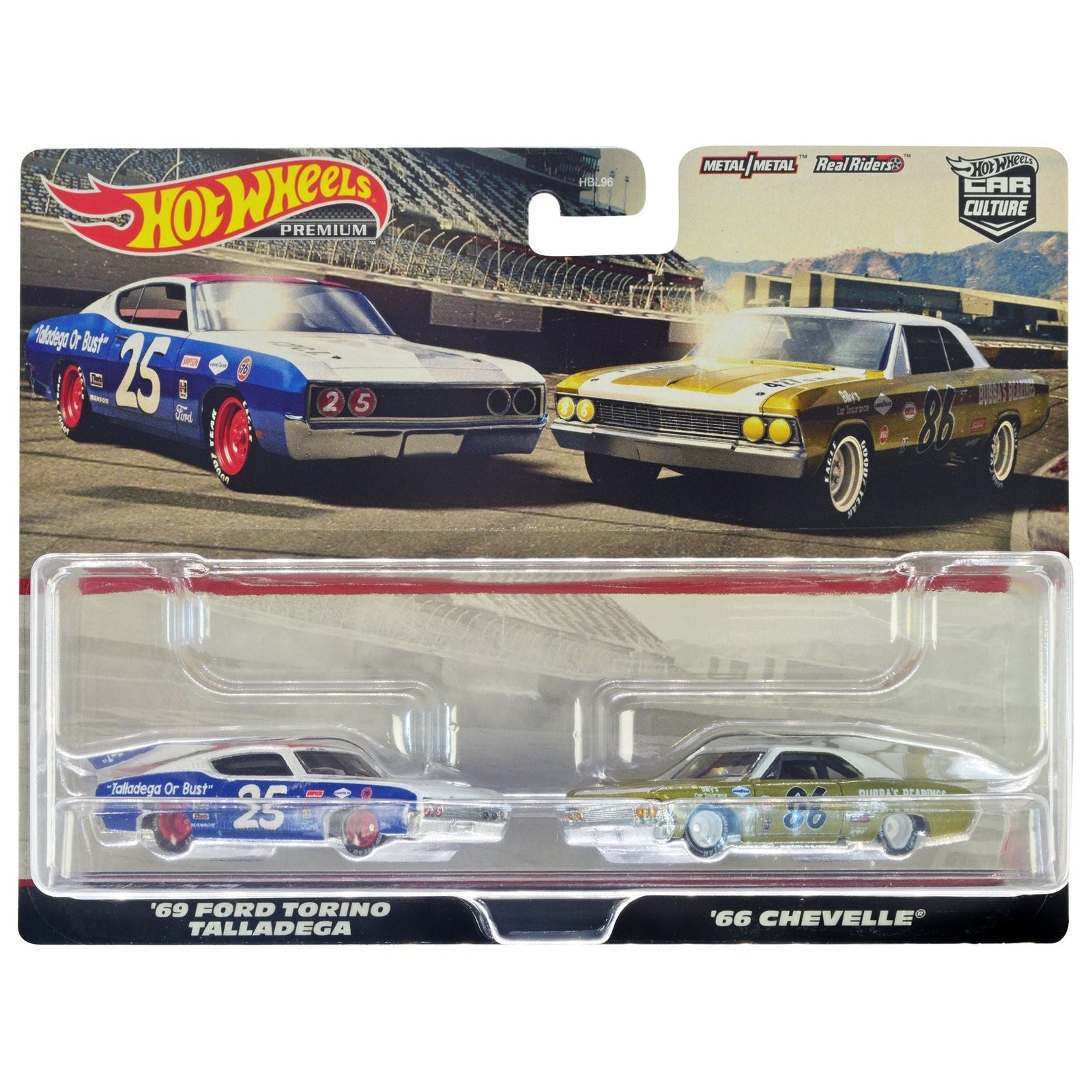 1969 Ford Torino Talladega 25 White and Blue with Red Top and 1966 Chevrolet Chevelle 86 Gold with White Top "Car Culture" Set of 2 Cars Diecast Model Cars by Hot Wheels - Hotwheels - ModelCars.com