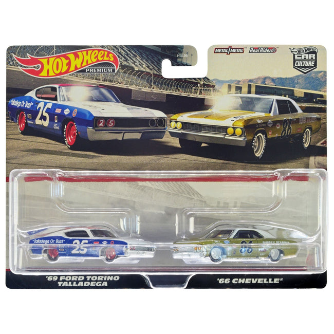 1969 Ford Torino Talladega 25 White and Blue with Red Top and 1966 Chevrolet Chevelle 86 Gold with White Top "Car Culture" Set of 2 Cars Diecast Model Cars by Hot Wheels-Hotwheels-ModelCars.com