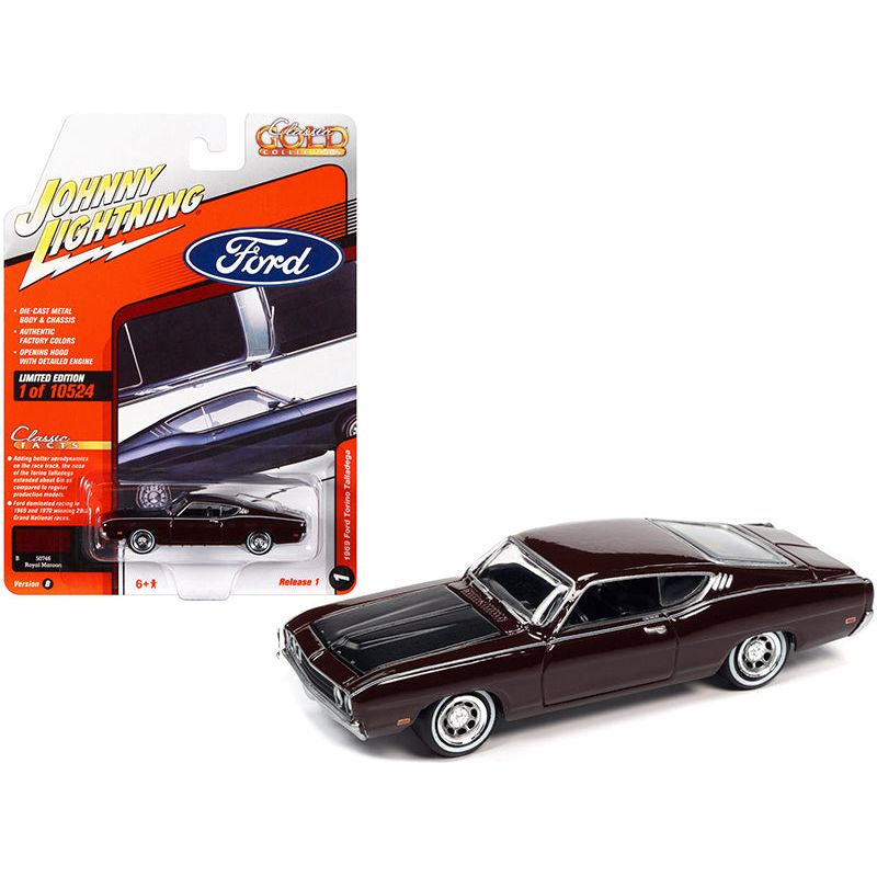 1969 Ford Torino Talladega Royal Maroon with Matt Black Hood "Classic Gold Collection" Series Limited Edition to 10524 pieces Worldwide 1/64 Diecast Model Car by Johnny Lightning-Johnny Lightning-ModelCars.com