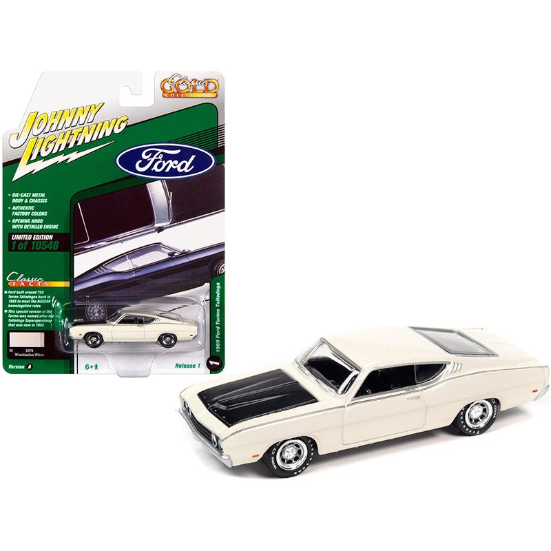 1969 Ford Torino Talladega Wimbledon White with Matt Black Hood "Classic Gold Collection" Series Limited Edition to 10548 pieces Worldwide 1/64 Diecast Model Car by Johnny Lightning - Johnny Lightning - ModelCars.com