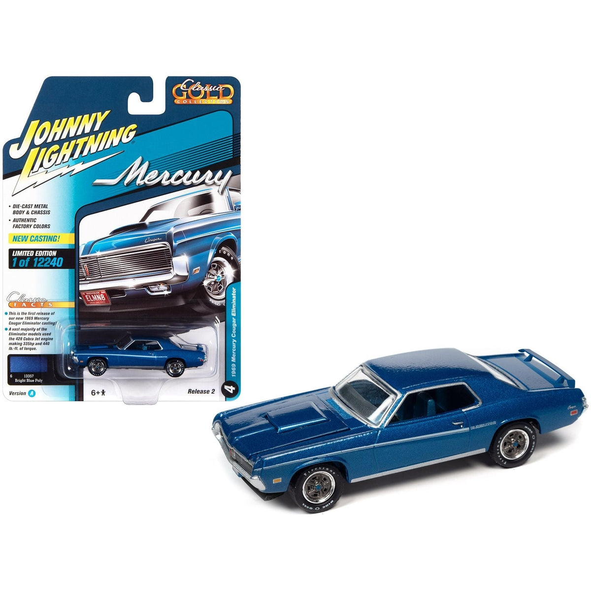 1969 Mercury Cougar Eliminator Bright Blue Metallic with White Stripes "Classic Gold Collection" Series Limited Edition to 12240 pieces Worldwide 1/64 Diecast Model Car by Johnny Lightning-Johnny Lightning-ModelCars.com