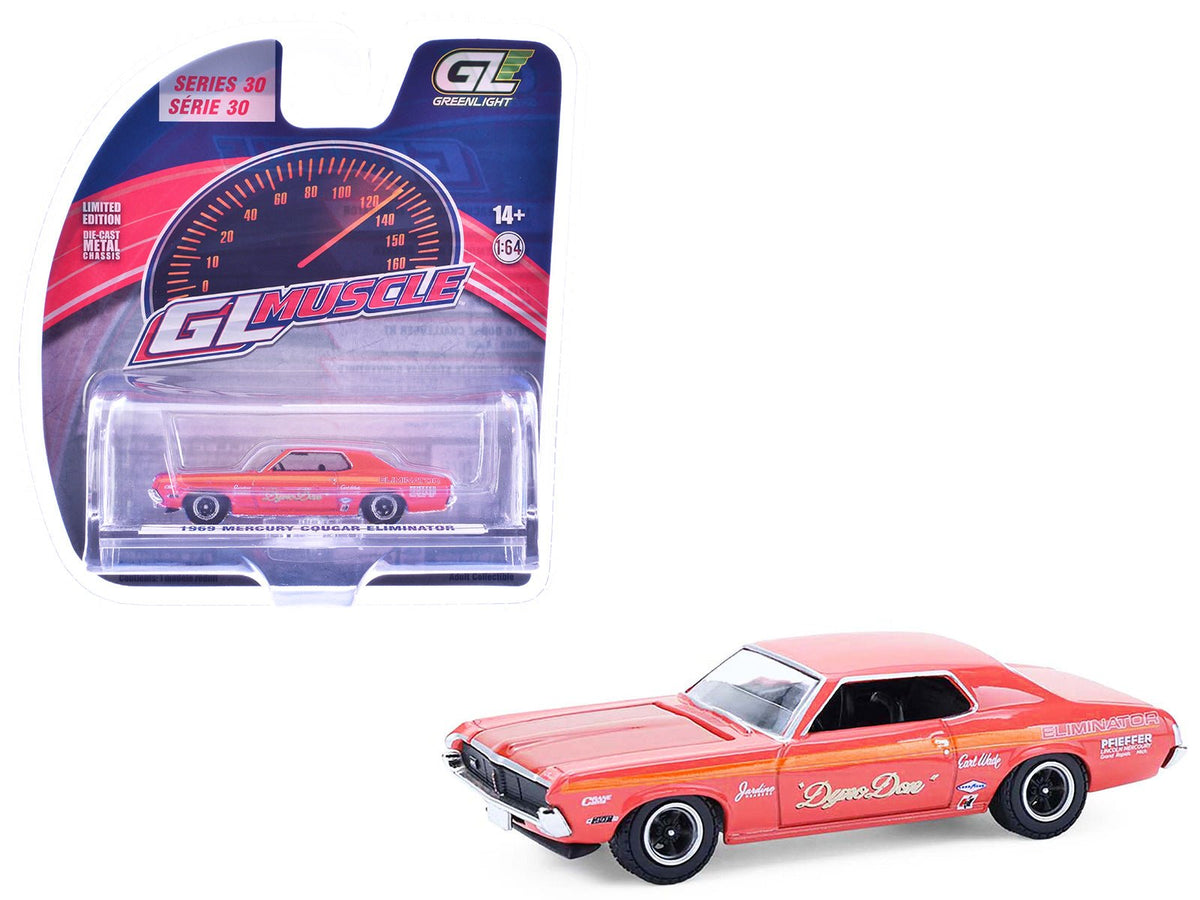 1969 Mercury Cougar Eliminator "Dyno Don" Red with Orange Stripes "GreenLight Muscle" Series 30 1/64 Diecast Model Car by Greenlight-Greenlight-ModelCars.com