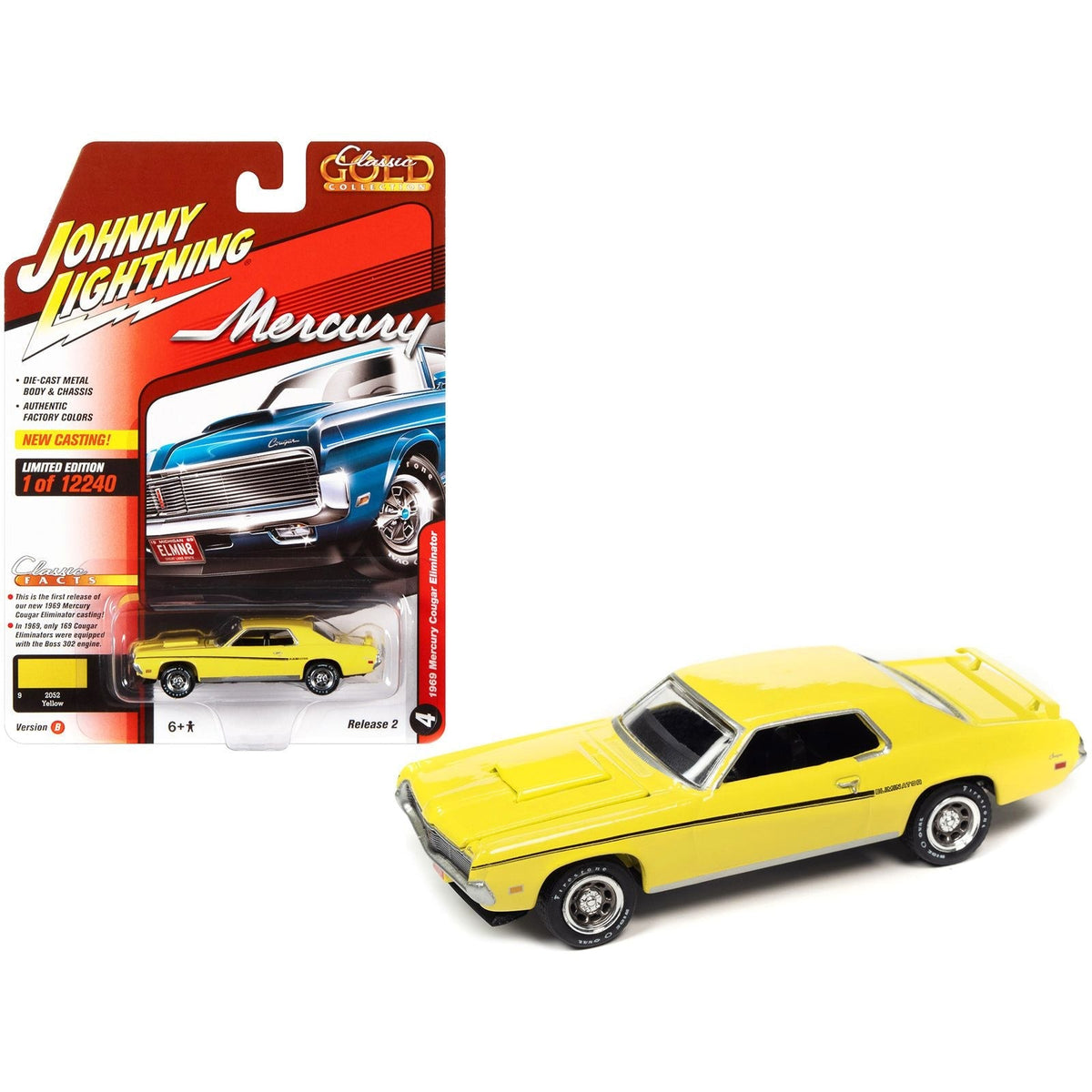 1969 Mercury Cougar Eliminator Yellow with Black Stripes "Classic Gold Collection" Series Limited Edition to 12240 pieces Worldwide 1/64 Diecast Model Car by Johnny Lightning-Johnny Lightning-ModelCars.com