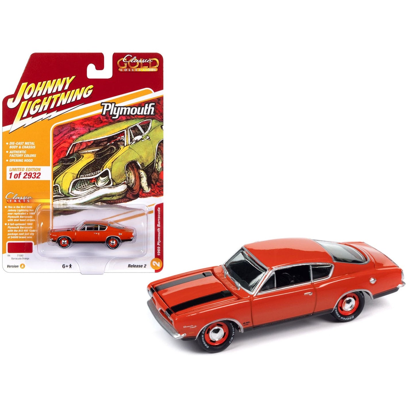 1969 Plymouth Barracuda Orange with Black Stripes "Classic Gold Collection" 2023 Release 2 Limited Edition to 2932 pieces Worldwide 1/64 Diecast Model Car by Johnny Lightning - Johnny Lightning - ModelCars.com