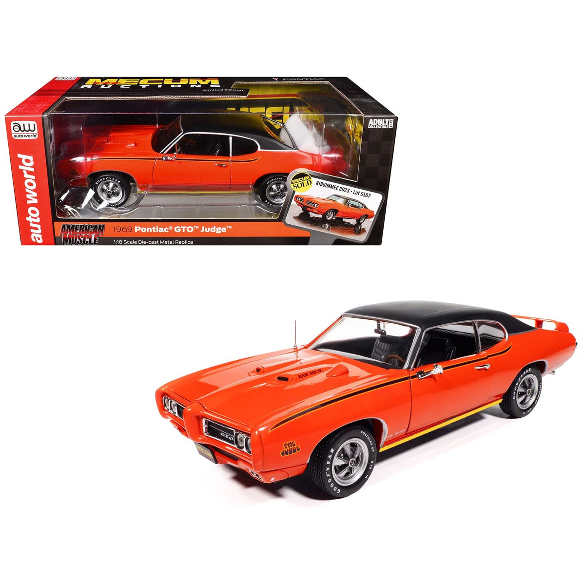 1969 Pontiac GTO Judge Carousel Red with Black Stripes and Black Vinyl Top "Mecum Auctions" "American Muscle" Series 1/18 Diecast Model Car by Auto World-Autoworld-ModelCars.com
