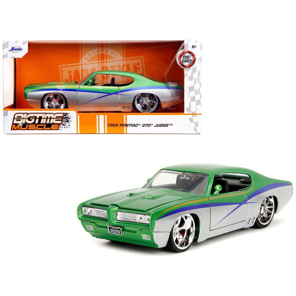1969 Pontiac GTO Judge Green Metallic and Silver with Stripes "Bigtime Muscle" Series 1/24 Diecast Model Car by Jada-Jada-ModelCars.com