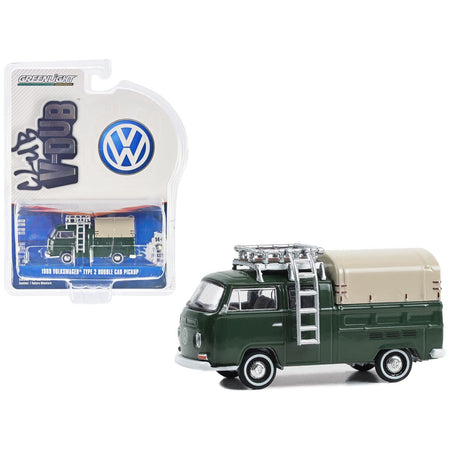 1969 Volkswagen Type 2 Double Cab Pickup Truck Delta Green with Tan Camper Shell "Club Vee - Dub" Series 18 1/64 Diecast Model Car by Greenlight - Greenlight - ModelCars.com