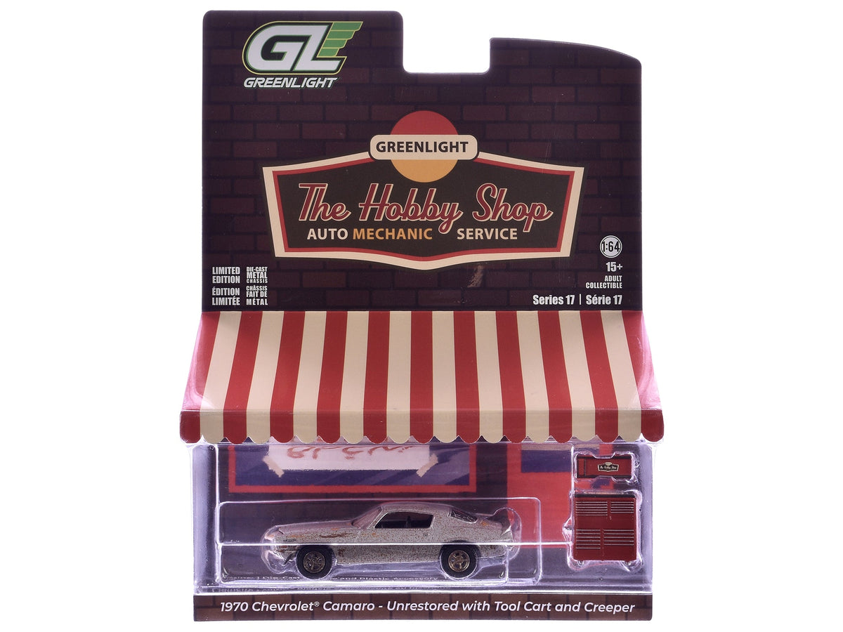 1970 Chevrolet Camaro Cortez Silver (Unrestored) with Tool Cart and Creeper "The Hobby Shop" Series 17 1/64 Diecast Model Car by Greenlight-Greenlight-ModelCars.com