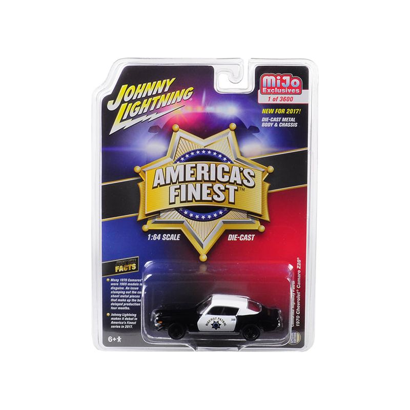 1970 Chevrolet Camaro Z28 California Highway Patrol (CHP) Black and White "America's Finest" Limited Edition to 3600 pieces Worldwide 1/64 Diecast Model Car by Johnny Lightning-Johnny Lightning-ModelCars.com