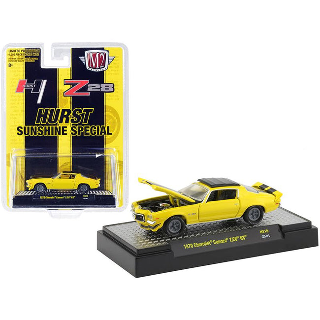 1970 Chevrolet Camaro Z/28 RS "Hurst Sunshine Special" Yellow with Black Stripes Limited Edition to 6050 pieces Worldwide 1/64 Diecast Model Car by M2 Machines - M2 - ModelCars.com