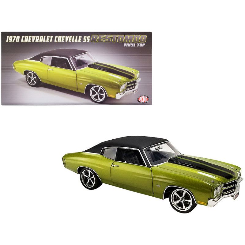 1970 Chevrolet Chevelle SS Restomod Citrus Green Metallic with Black Stripes and Black Vinyl Top Limited Edition to 258 pieces Worldwide 1/18 Diecast Model Car by ACME-Acme-ModelCars.com