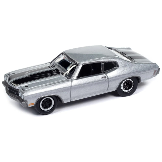1970 Chevrolet Chevelle SS Silver Metallic with Black Stripes "Drag & Drive" with V - Nose Travel Trailer "Tow & Go" Series 1/64 Diecast Model Car by Johnny Lightning - Johnny Lightning - ModelCars.com