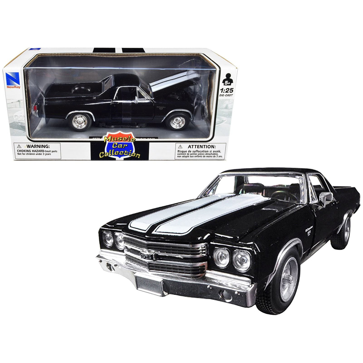1970 Chevrolet El Camino SS Black with White Stripes "Muscle Car Collection" 1/25 Diecast Model Car by New Ray - New Ray - ModelCars.com