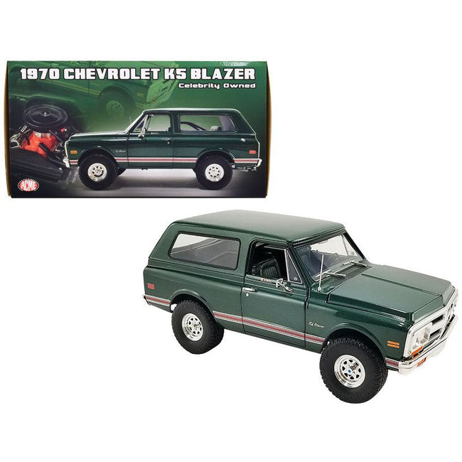 1970 Chevrolet K5 Blazer Dark Green with Red Stripes and Green Interior "Celebrity Owned" Limited Edition to 402 pieces Worldwide 1/18 Diecast Model Car by ACME-Acme-ModelCars.com