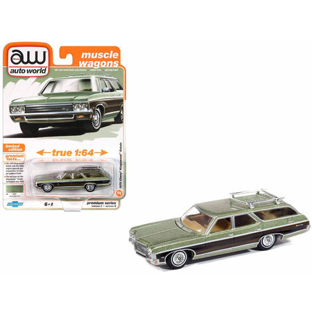 1970 Chevrolet Kingswood Estate Wagon Green Mist Metallic with Woodgrain Sides and Roof Rack "Muscle Wagons" Series 1/64 Diecast Model Car by Auto World - Autoworld - ModelCars.com