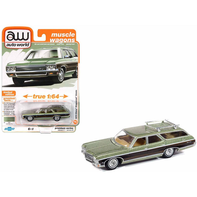 1970 Chevrolet Kingswood Estate Wagon Green Mist Metallic with Woodgrain Sides and Roof Rack "Muscle Wagons" Series 1/64 Diecast Model Car by Auto World-Autoworld-ModelCars.com