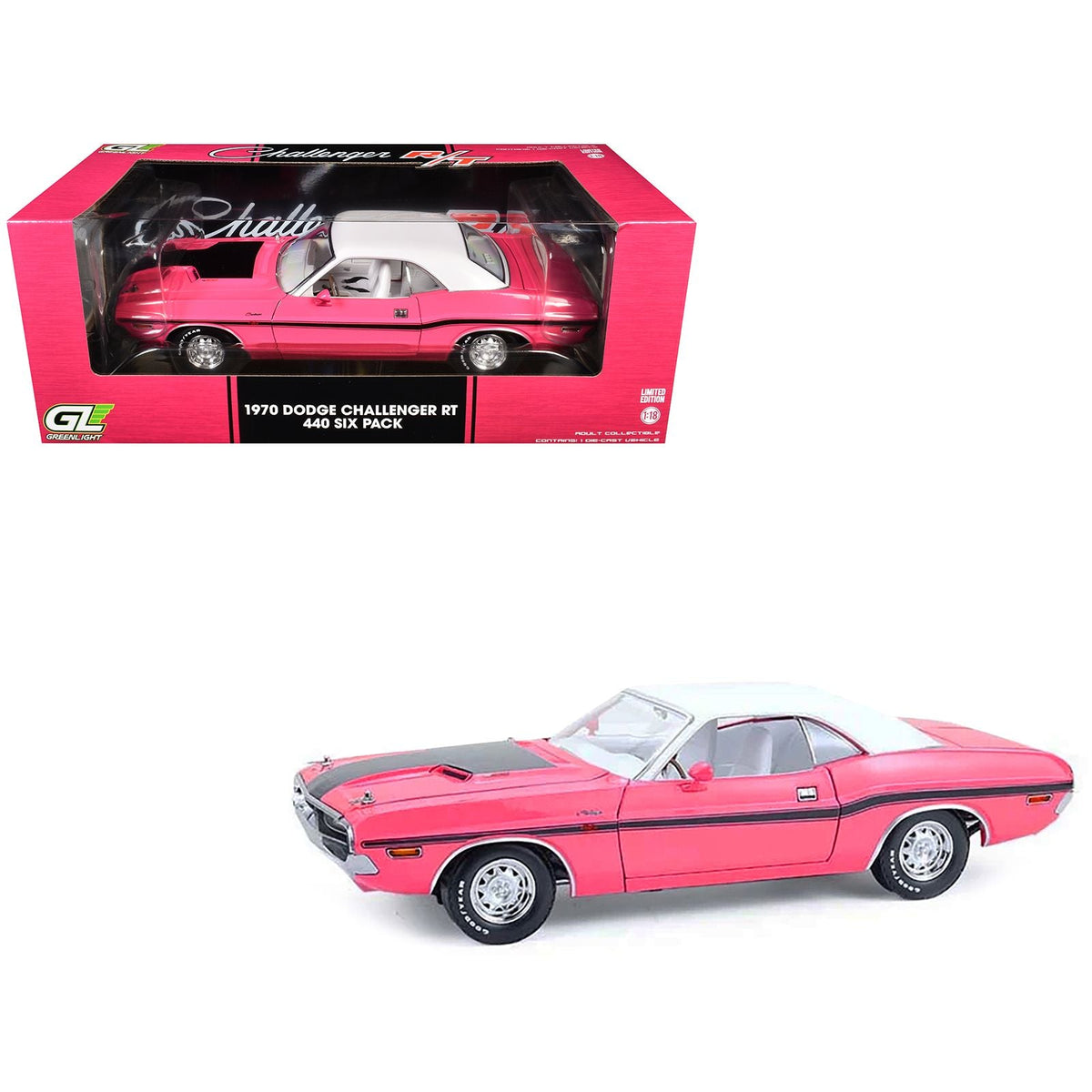1970 Dodge Challenger R/T 440 Six Pack Panther Pink with Black Stripes White Top and White Interior 1/18 Diecast Model Car by Greenlight-Greenlight-ModelCars.com