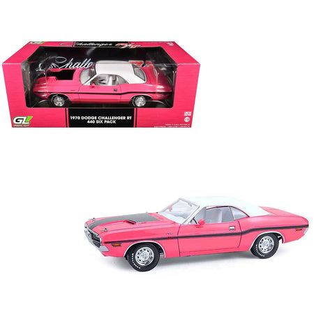 1970 Dodge Challenger R/T 440 Six Pack Panther Pink with Black Stripes White Top and White Interior 1/18 Diecast Model Car by Greenlight-Greenlight-ModelCars.com