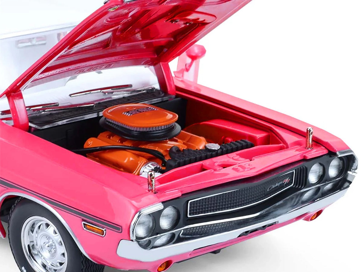 1970 Dodge Challenger R/T 440 Six Pack Panther Pink with Black Stripes White Top and White Interior 1/18 Diecast Model Car by Greenlight-Greenlight-ModelCars.com
