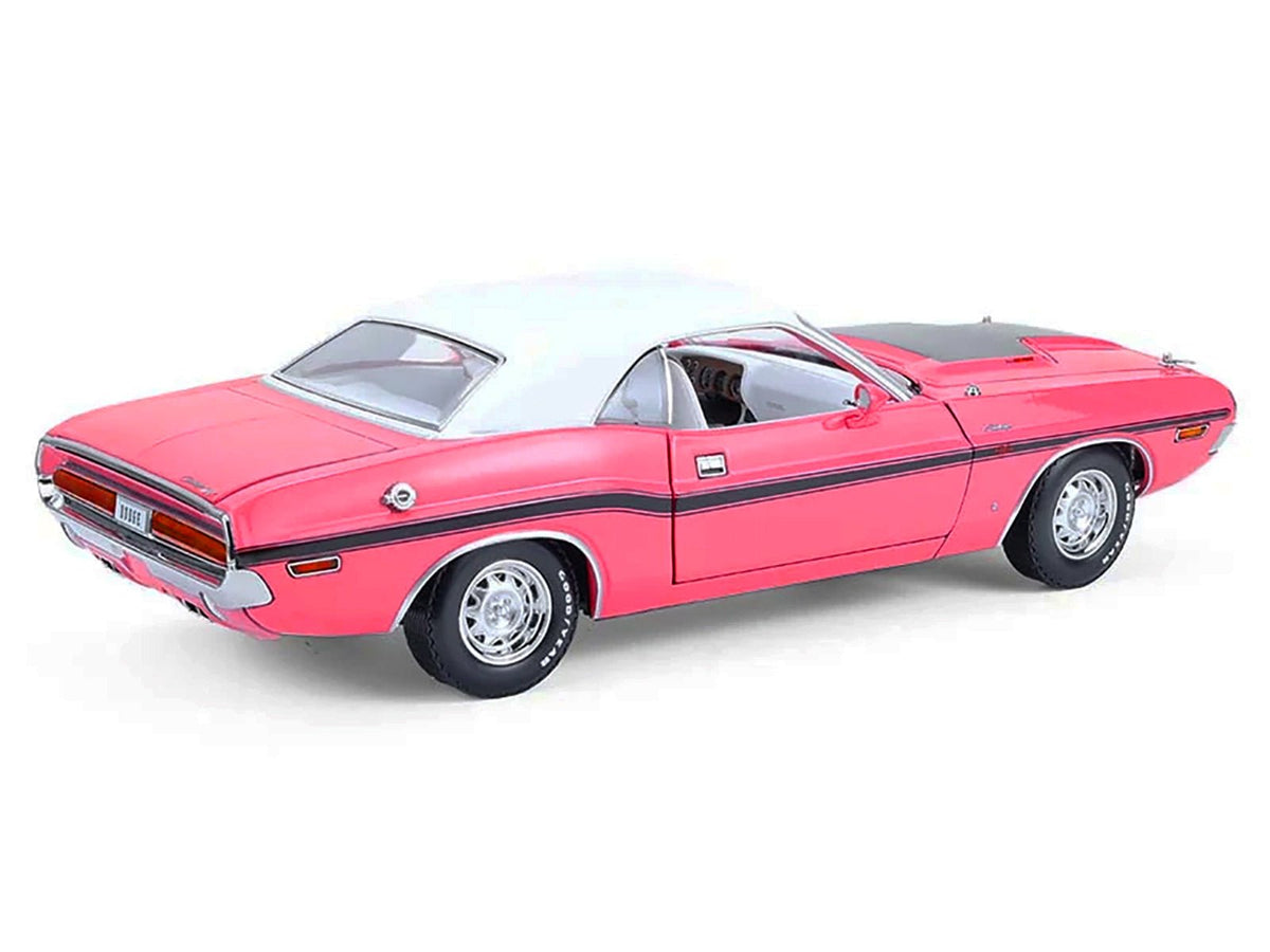 1970 Dodge Challenger R/T 440 Six Pack Panther Pink with Black Stripes White Top and White Interior 1/18 Diecast Model Car by Greenlight-Greenlight-ModelCars.com