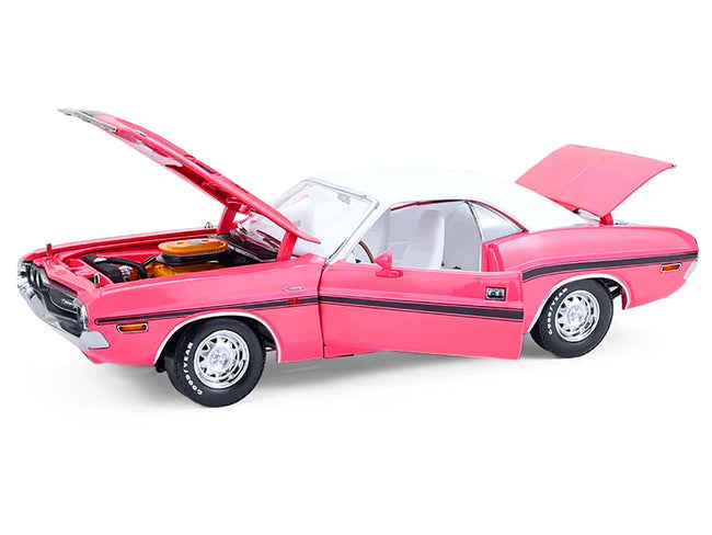 1970 Dodge Challenger R/T 440 Six Pack Panther Pink with Black Stripes White Top and White Interior 1/18 Diecast Model Car by Greenlight-Greenlight-ModelCars.com