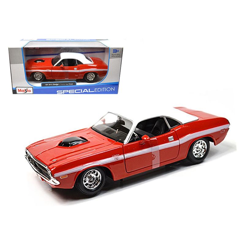 1970 Dodge Challenger R/T Coupe Red with White Top and White Stripes 1/24 Diecast Model Car by Maisto-Maisto-ModelCars.com