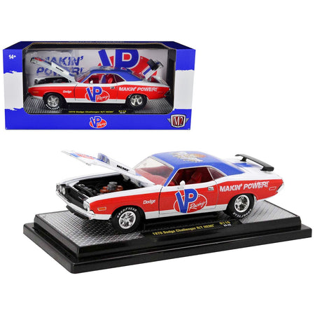 1970 Dodge Challenger R/T Hemi White with Red and Blue Stripes with Red Interior "VP Racing" Limited Edition to 5710 pieces Worldwide 1/24 Diecast Model Car by M2 Machines - M2 - ModelCars.com