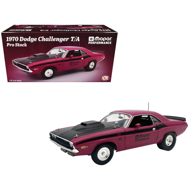 1970 Dodge Challenger T/A Pro Stock "Mopar Performance" Panther Pink with Black Stripes and Black Hood Limited Edition to 350 pieces Worldwide 1/18 Diecast Model Car by ACME-Acme-ModelCars.com