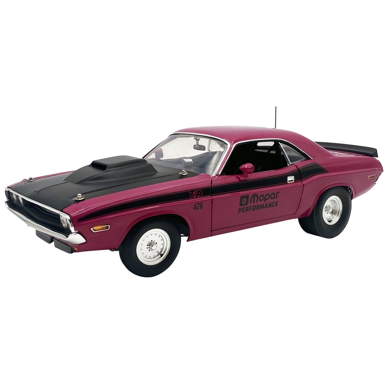 1970 Dodge Challenger T/A Pro Stock "Mopar Performance" Panther Pink with Black Stripes and Black Hood Limited Edition to 350 pieces Worldwide 1/18 Diecast Model Car by ACME - Acme - ModelCars.com