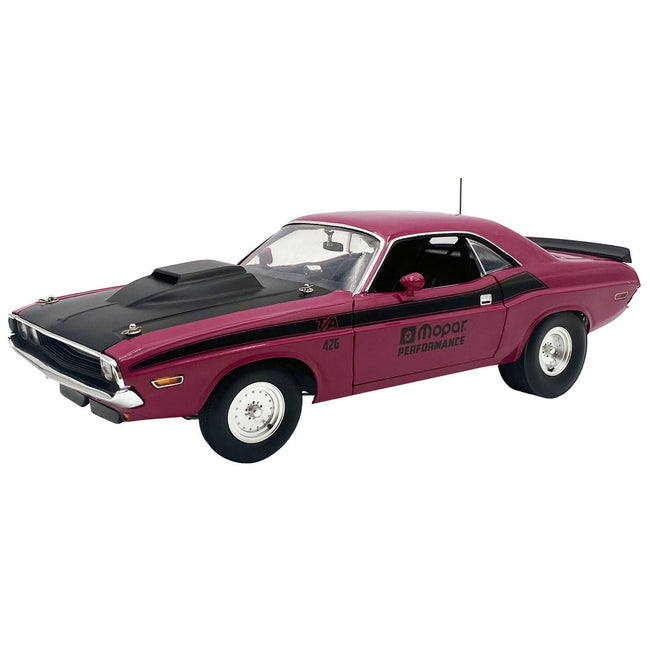 1970 Dodge Challenger T/A Pro Stock "Mopar Performance" Panther Pink with Black Stripes and Black Hood Limited Edition to 350 pieces Worldwide 1/18 Diecast Model Car by ACME-Acme-ModelCars.com