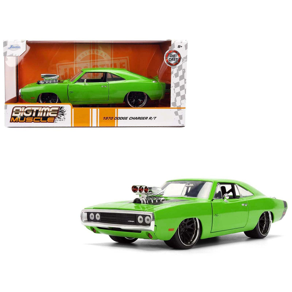 1970 Dodge Charger R/T Bright Green with Black Tail Stripe "Bigtime Muscle" Series 1/24 Diecast Model Car by Jada-Jada-ModelCars.com