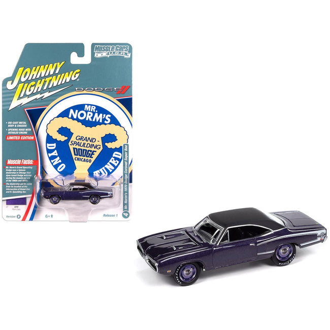 1970 Dodge Coronet Super Bee "Mr. Norm's" Plum Crazy Metallic with Black Top and White Stripes 1/64 Diecast Model Car by Johnny Lightning-Johnny Lightning-ModelCars.com
