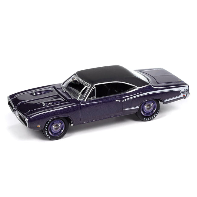 1970 Dodge Coronet Super Bee "Mr. Norm's" Plum Crazy Metallic with Black Top and White Stripes 1/64 Diecast Model Car by Johnny Lightning-Johnny Lightning-ModelCars.com