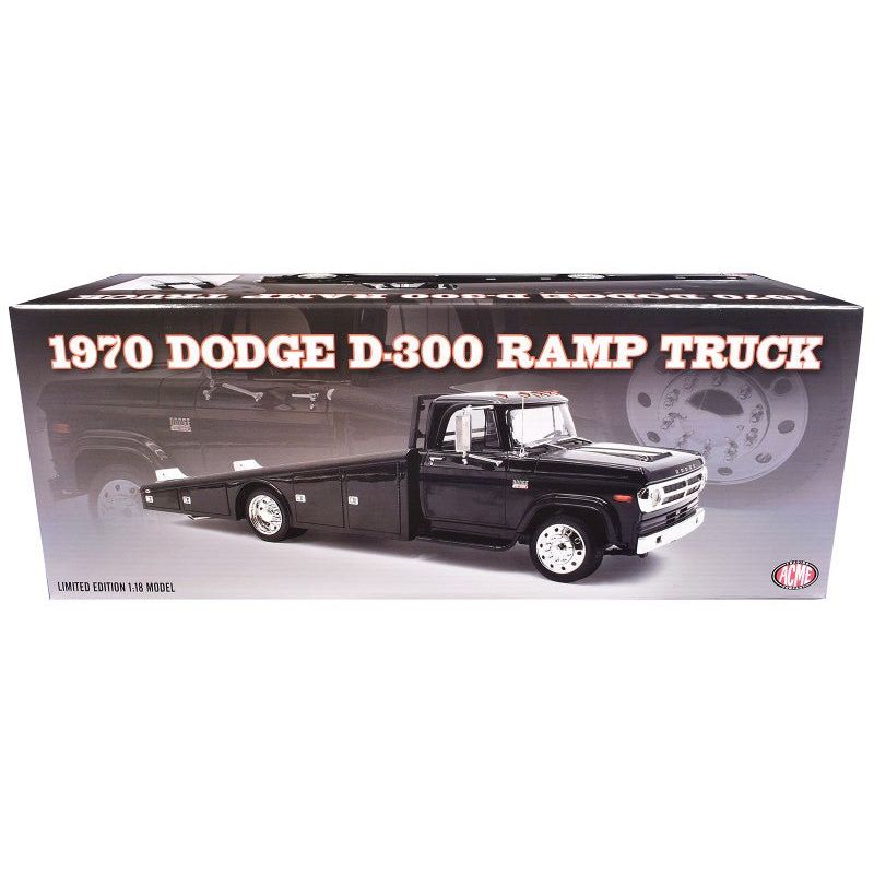1970 Dodge D-300 Ramp Truck Black with Trucker Wheels Limited Edition to 180 pieces Worldwide 1/18 Diecast Model Car by ACME-Acme-ModelCars.com