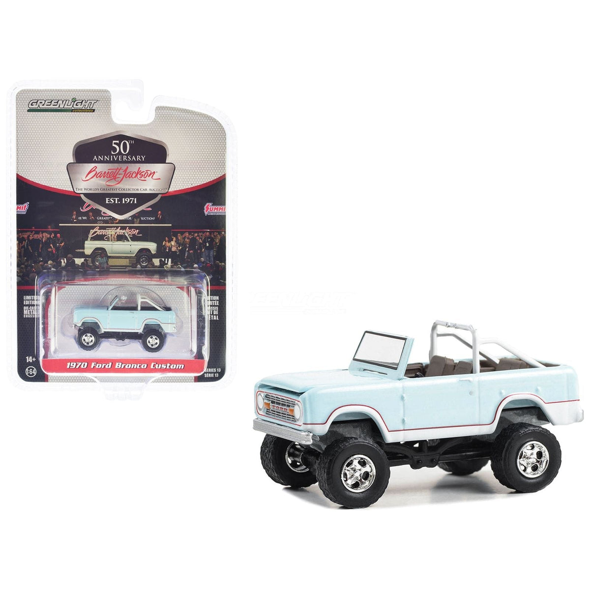 1970 Ford Bronco Custom Sea Foam Blue (Lot 1340.1) Barrett Jackson "Scottsdale Edition" Series 13 1/64 Diecast Model Car by Greenlight-Greenlight-ModelCars.com