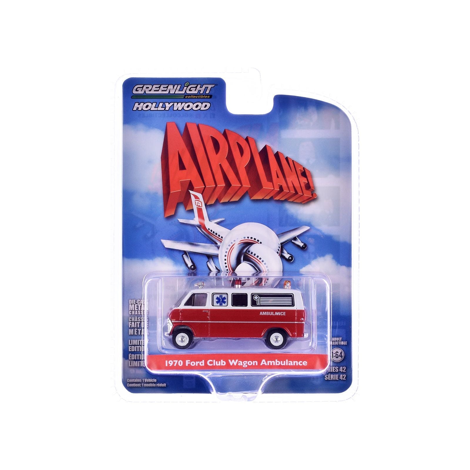 1970 Ford Club Wagon Ambulance Red and White "Airplane!" (1980) Movie "Hollywood Series" Release 42 1/64 Diecast Model Car by Greenlight - Greenlight - ModelCars.com