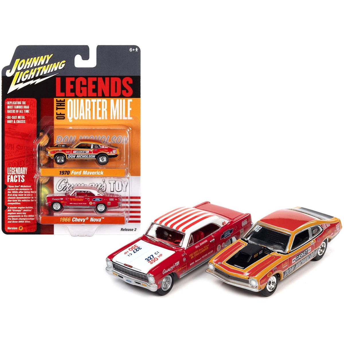 1970 Ford Maverick Red Orange and Black "Dyno" Don Nicholson and 1966 Chevrolet Nova Red and White Bill "Grumpy" Jenkins "Legends of the Quarter Mile" Series Set of 2 Cars 1/64 Diecast Model Cars by Johnny Lightning-Johnny Lightning-ModelCars.com