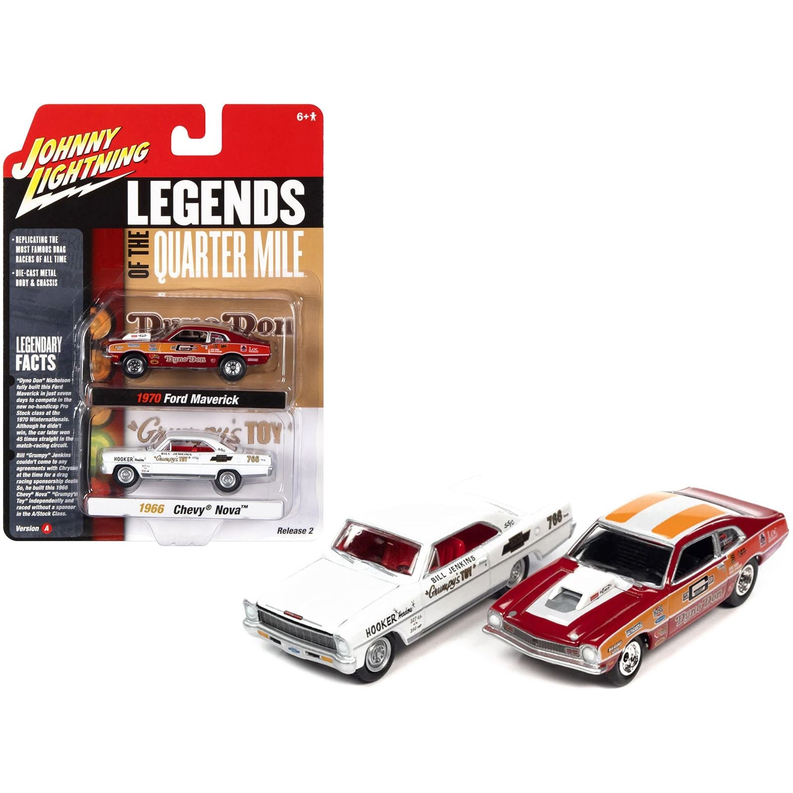 1970 Ford Maverick Red Orange and White "Dyno" Don Nicholson and 1966 Chevrolet Nova White Bill "Grumpy" Jenkins "Legends of the Quarter Mile" Series Set of 2 Cars 1/64 Diecast Model Cars by Johnny Lightning - Johnny Lightning - ModelCars.com