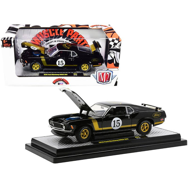 1970 Ford Mustang BOSS 302 15 "Muscle Parts" Black with Gold Stripes Limited Edition to 6600 pieces Worldwide 1/24 Diecast Model Car by M2 Machines-M2-ModelCars.com