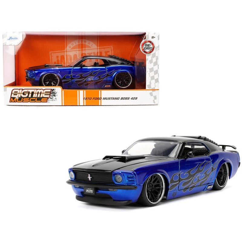 1970 Ford Mustang Boss 429 Black and Blue Metallic with Flames "Bigtime Muscle" Series 1/24 Diecast Model Car by Jada-Jada-ModelCars.com
