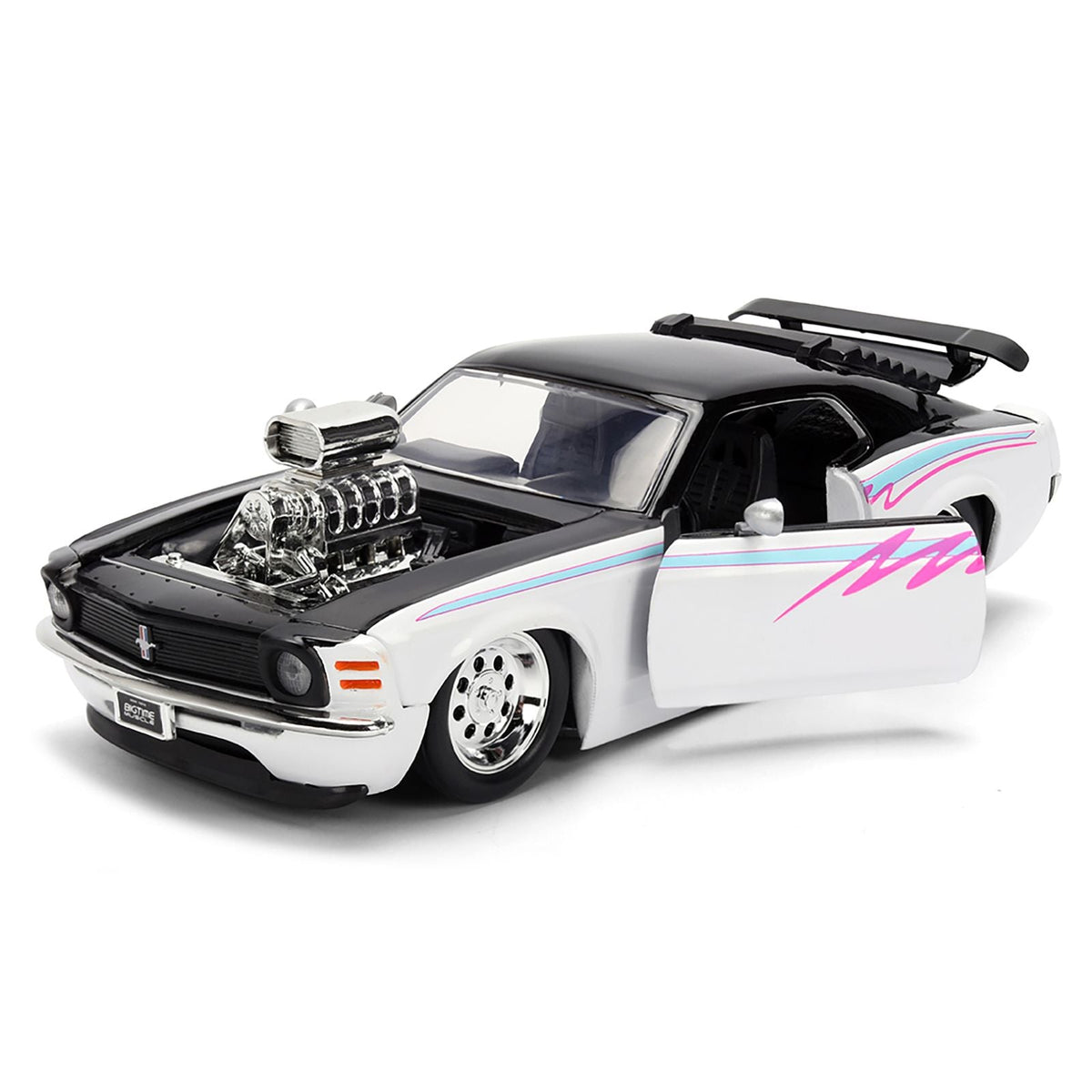1970 Ford Mustang Boss 429 Black and White with Graphics "Bigtime Muscle" Series 1/24 Diecast Model Car by Jada-Jada-ModelCars.com