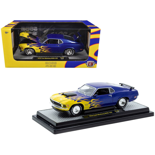 1970 Ford Mustang BOSS 429 Blue Metallic with Flame Graphics Limited Edition to 6650 pieces Worldwide 1/24 Diecast Model Car by M2 Machines-M2-ModelCars.com