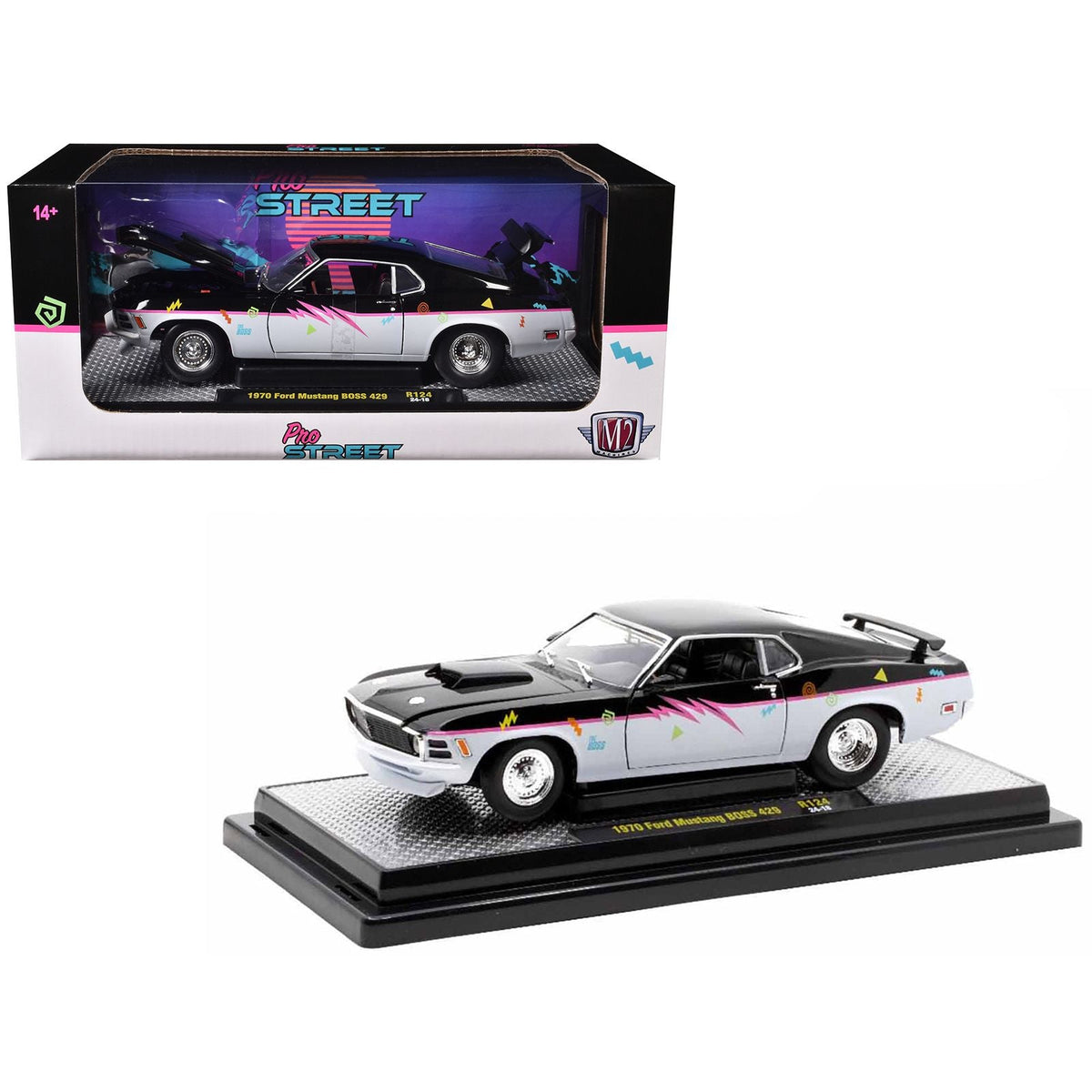 1970 Ford Mustang BOSS 429 "Pro Street" Black and Gray with Graphics Limited Edition to 6650 pieces Worldwide 1/24 Diecast Model Car by M2 Machines-M2-ModelCars.com