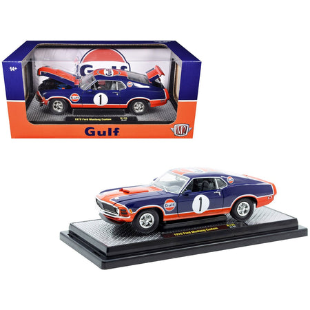 1970 Ford Mustang Custom #1 "Gulf Oil" Dark Blue with Orange Graphics Limited Edition to 7850 pieces Worldwide 1/24 Diecast Model Car by M2 Machines-M2-ModelCars.com