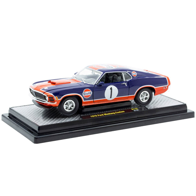 1970 Ford Mustang Custom #1 "Gulf Oil" Dark Blue with Orange Graphics Limited Edition to 7850 pieces Worldwide 1/24 Diecast Model Car by M2 Machines-M2-ModelCars.com
