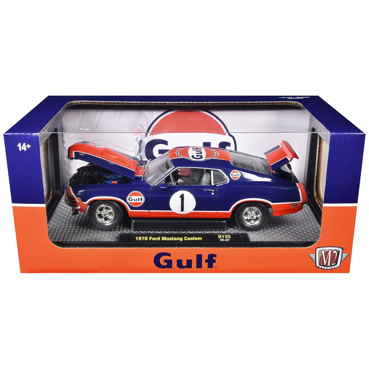 1970 Ford Mustang Custom #1 "Gulf Oil" Dark Blue with Orange Graphics Limited Edition to 7850 pieces Worldwide 1/24 Diecast Model Car by M2 Machines-M2-ModelCars.com