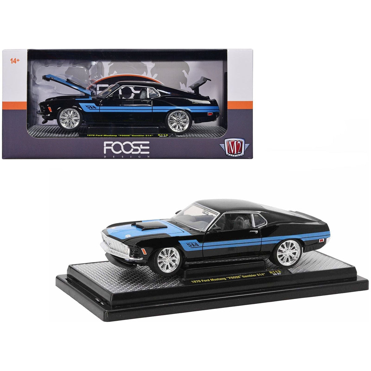 1970 Ford Mustang Gambler 514 Black with Blue Stripes "Foose" Limited Edition to 6650 pieces Worldwide 1/24 Diecast Model Car by M2 Machines-M2-ModelCars.com