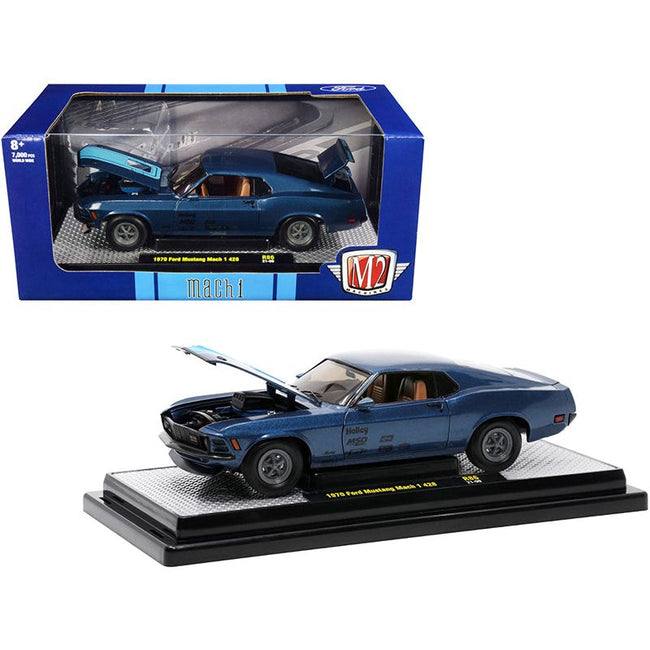 1970 Ford Mustang Mach 1 428 Dark Blue Metallic with Bright Blue Stripes Limited Edition to 7000 pieces Worldwide 1/24 Diecast Model Car by M2 Machines - M2 - ModelCars.com