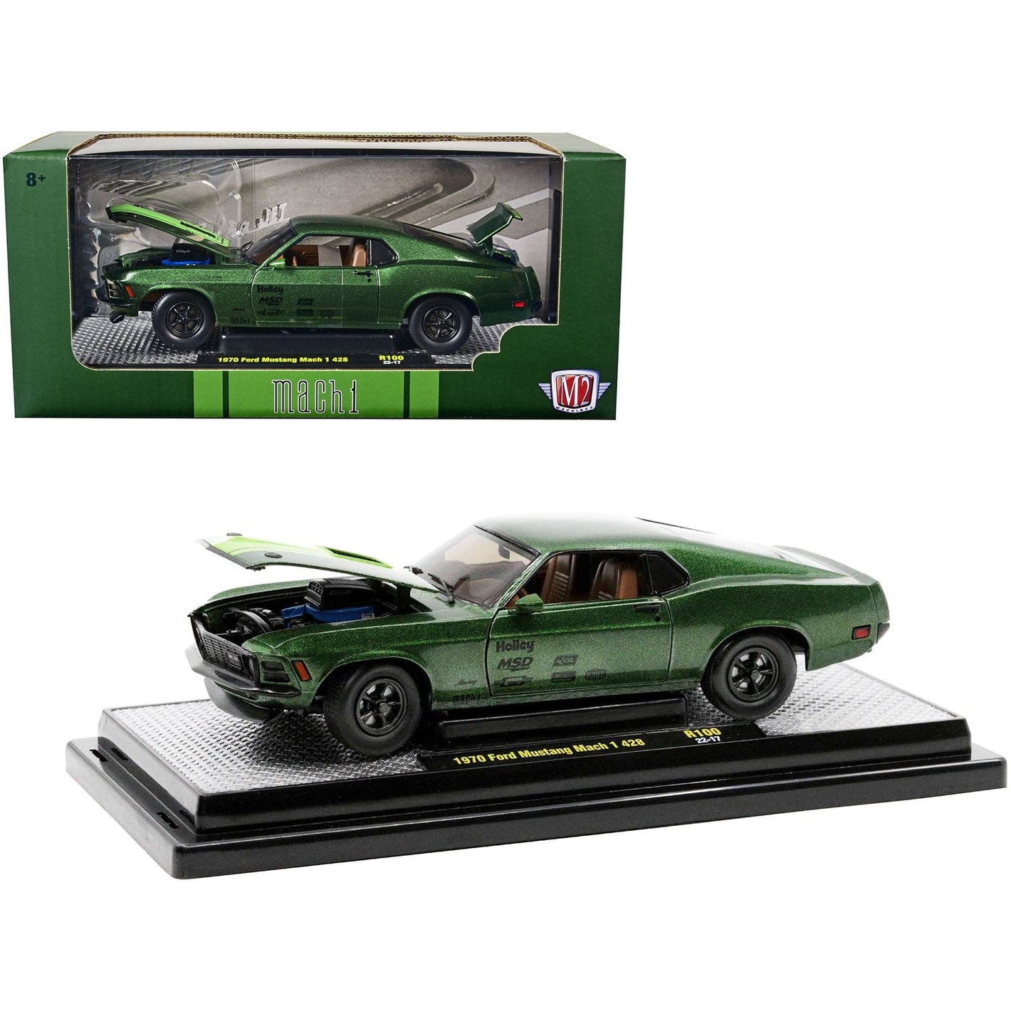 1970 Ford Mustang Mach 1 428 Green Metallic with Light Green Hood Limited Edition to 6550 pieces Worldwide 1/24 Diecast Model Cars by M2 Machines - M2 - ModelCars.com